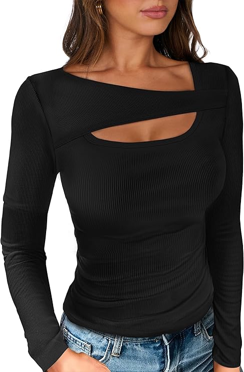 Womens Cutout Tops Trendy Sexy Long Sleeve Shirts Ribbed Slim Fit Tee 2025 Fall Fashion Going Out Tshirts Clothes