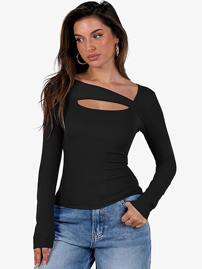 Womens Cutout Tops Trendy Sexy Long Sleeve Shirts Ribbed Slim Fit Tee 2025 Fall Fashion Going Out Tshirts Clothes